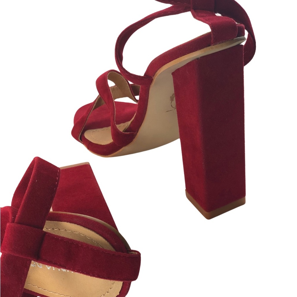 Public Desire Deep Red Tie Up Block Heeled Sandals: Size 6